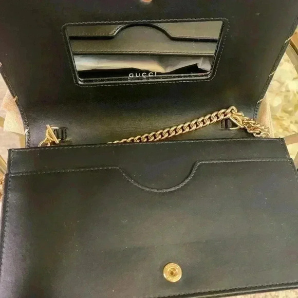 Gucci mini leather chain bag with double G stripe in black and gold. - Picture 9 of 14